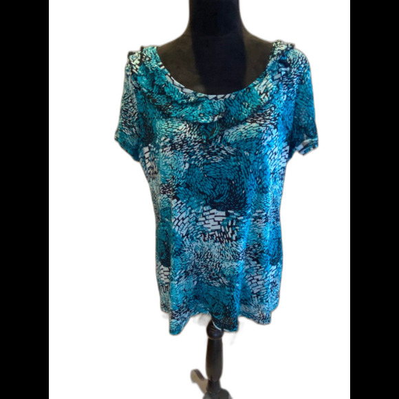 212 Womens Blouse Plus Size XL Top Short Sleeved ShirtTurquoise Flowy Ruffle - Picture 2 of 9